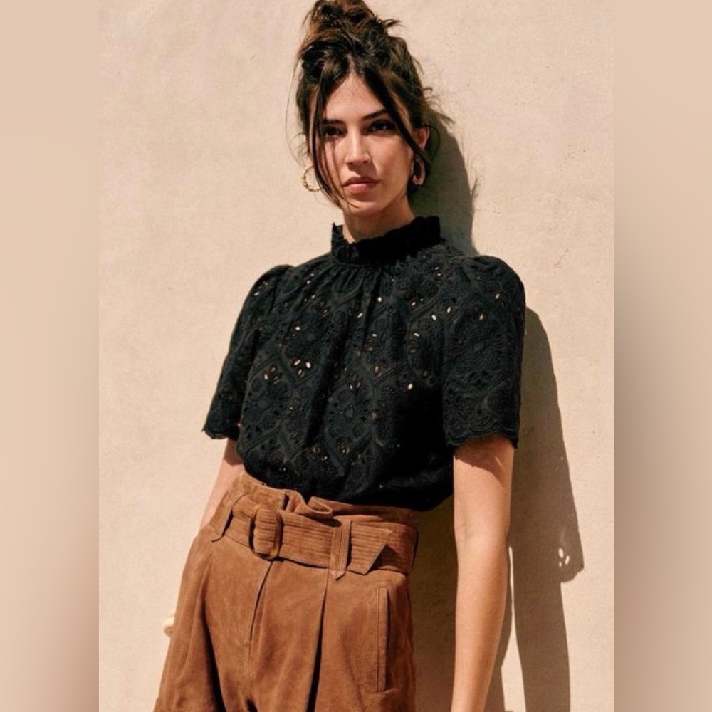 Sezane Black Eyelet Lace Short Sleeve Top